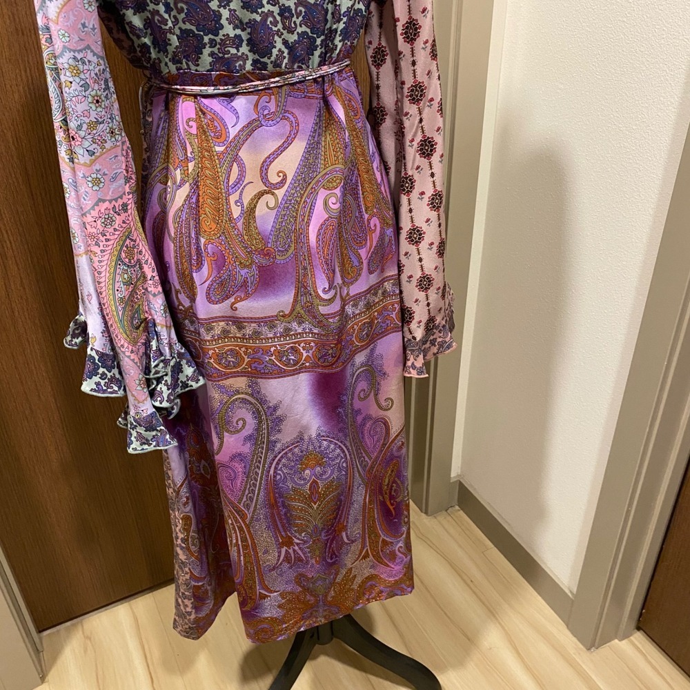 PLENTY by Tracy Reese Vtg Silk Wrap Midi Dress 12 Purple Satin Paisley Floral - Picture 9 of 17
